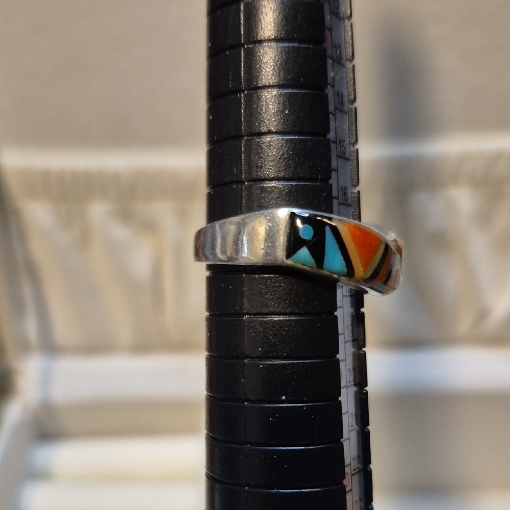 Native American Zuni Artisan Sterling Silver Gemstone Inlay Ring - Picture 8 of 10